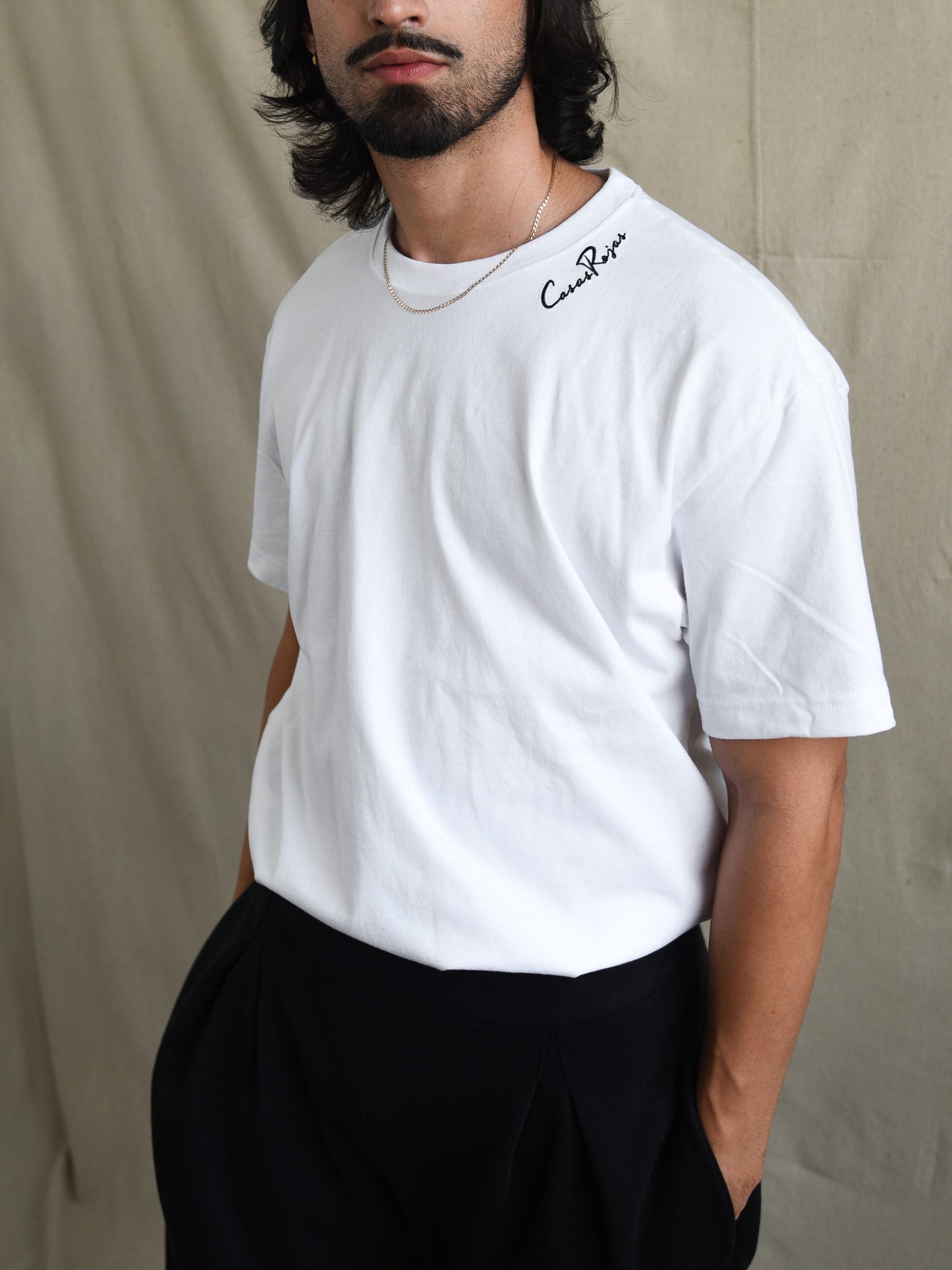 White - Unisex CasasRojas Black Embroidery Thick Cotton T-Shirt