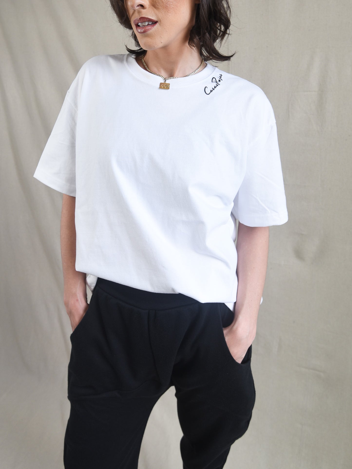 White - Unisex CasasRojas Black Embroidery Thick Cotton T-Shirt