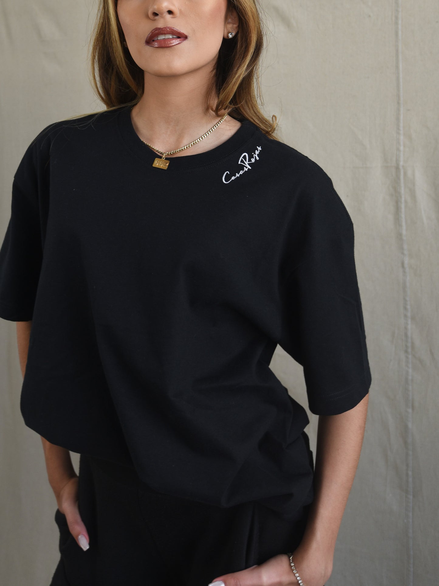 Black - Unisex CasasRojas White Embroidery Thick Cotton T-Shirt